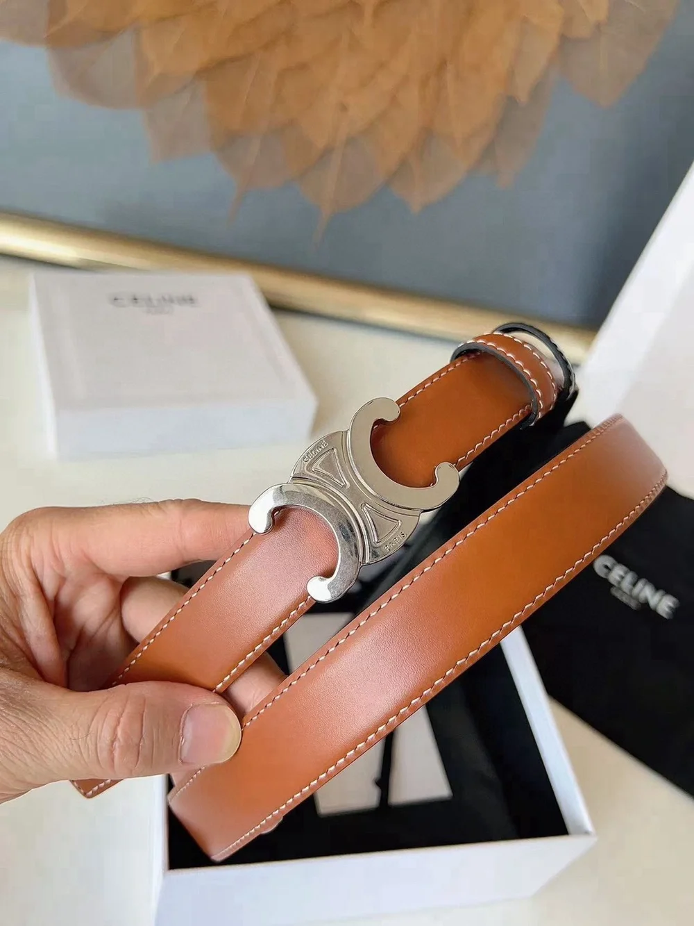 Celine Tan Leather Belt with Silver Triomphe Buckle